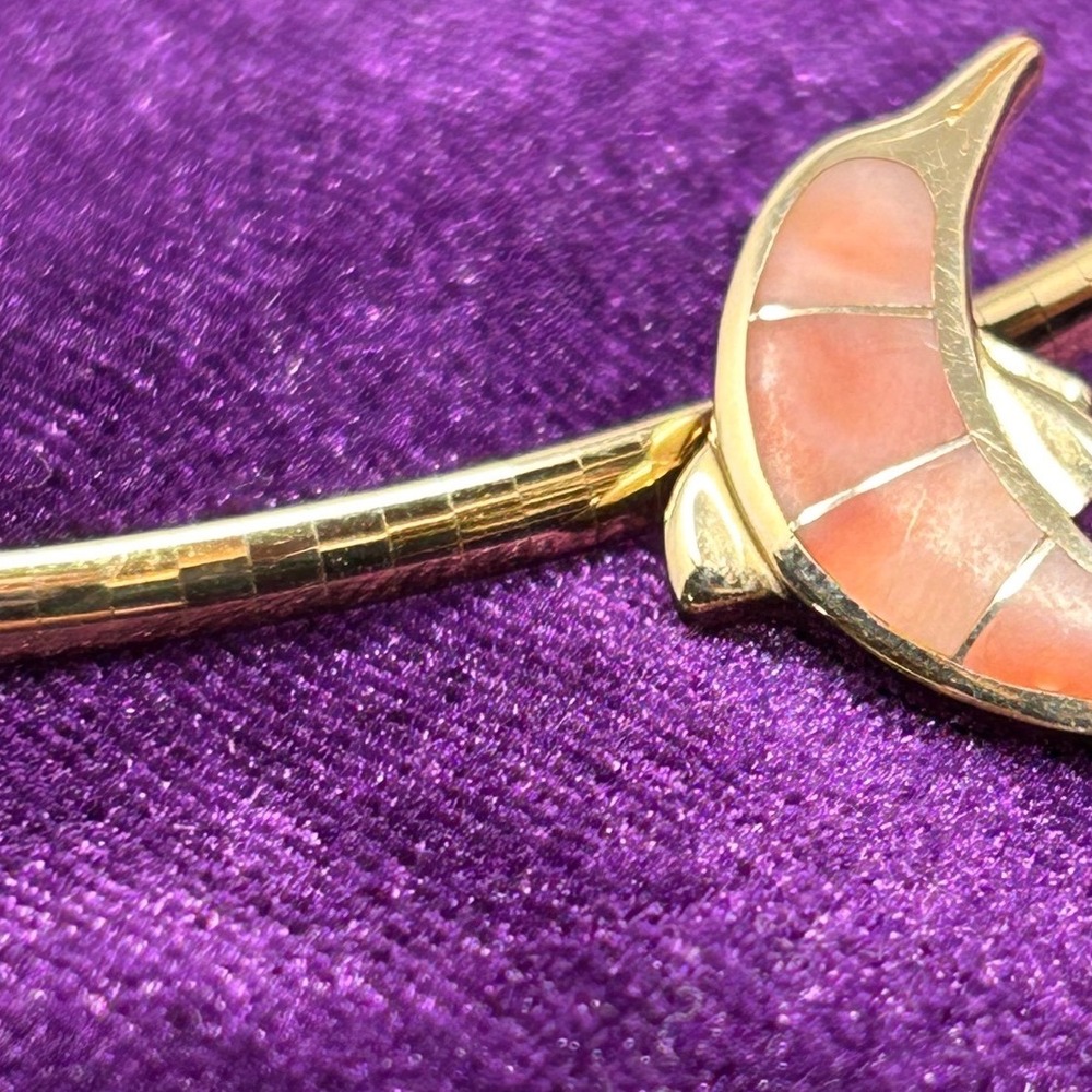 14K Yellow Gold 17" Omega Chain Necklace Pink Inlay Dolphin Pendant 15.6g Italy - Picture 8 of 9